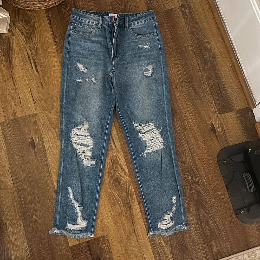Pink Lily medium wash high-waisted jeans